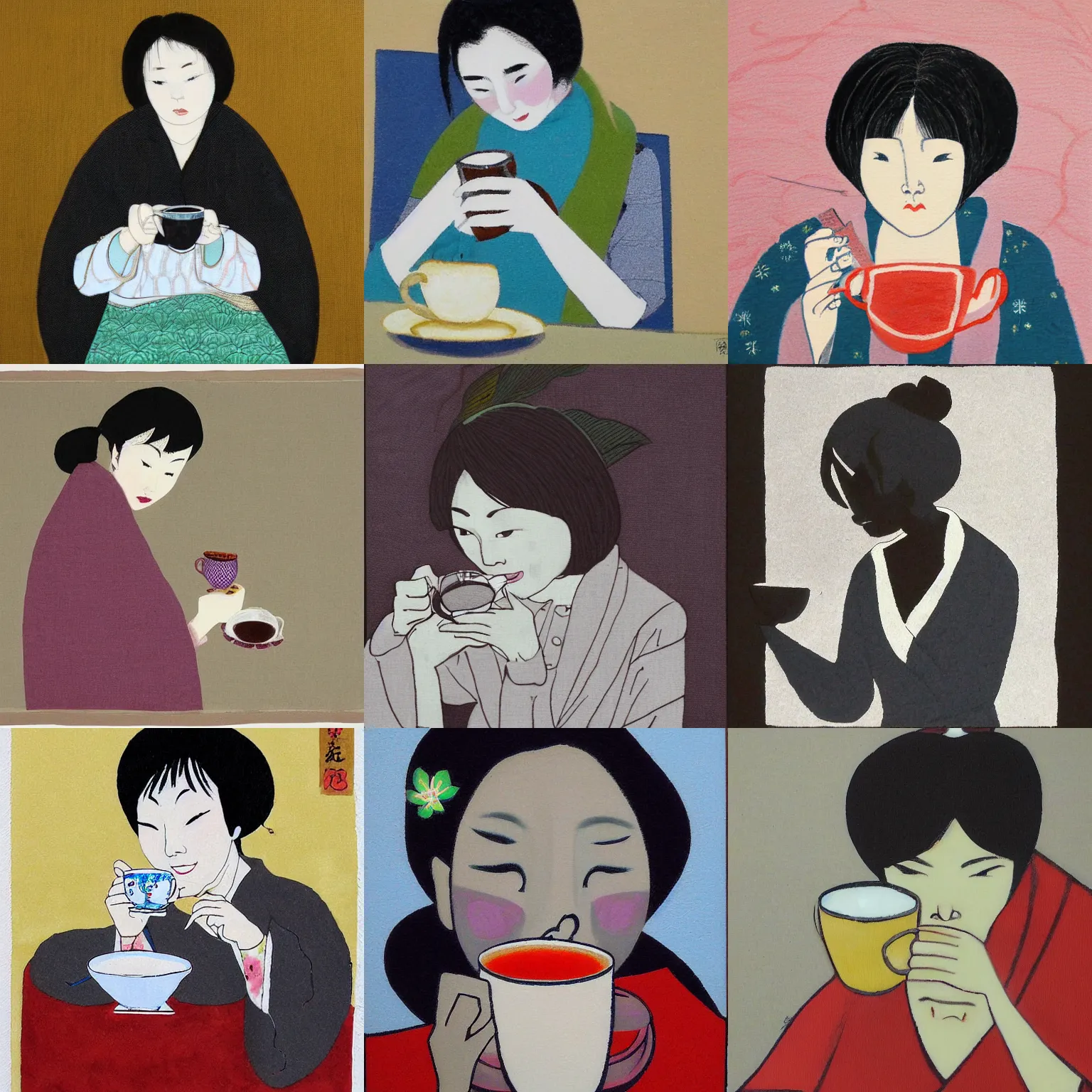 Prompt: Woman drinking tea by Akemi Takada