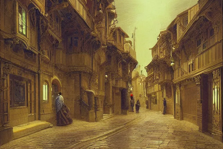 Prompt: winding street at midnight in a very old very beautiful city by George Price Boyce and Donato Giancola and William Dyce, glowing paper lanterns, strong dramatic cinematic lighting , ornate tiled architecture, lost civilizations, smooth, sharp focus, extremely detailed