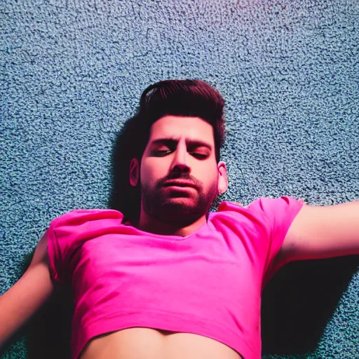 Image similar to close up aerial view portrait of a guy laying on the floor of his bedroom looking at the camera, synthwave colors, computer, cell phone, video games, tv, knick knacks, synthwave colors, 8K