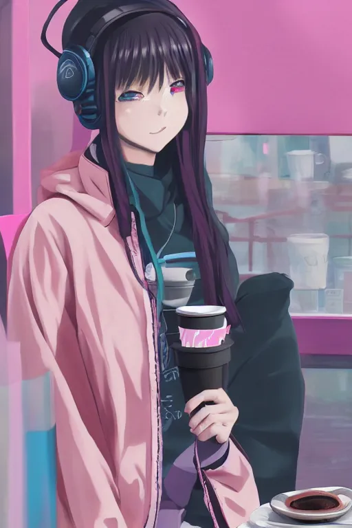 Image similar to anime girl wearing pink jacket and cat ear headphones having coffee at a coffee shop in tokyo, aesthetic, wlop, digital painting, trending on artstation, highly detailed, epic composition, 8 k uhd