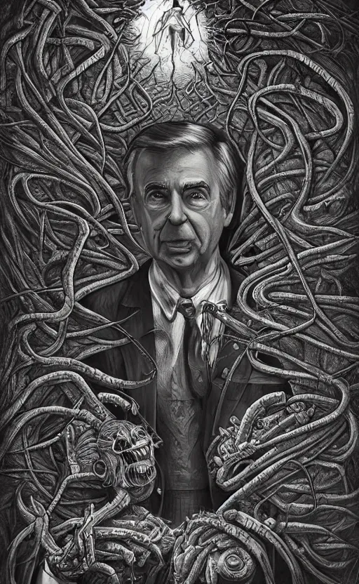 Image similar to lovecraftian mr rogers breaking into our reality by wayne barlow, stanley donwood, anton semenov, zdzislaw bekinski, hr giger, 8 k, fantasy, dark, highly detailed