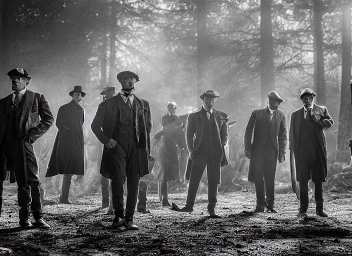 Prompt: a fighting scene from peaky blinders, gangs, medium long shot, filmed a brawl in the dark woods, a cabin in the background, faces covered in shadows, detailed and symmetric faces, black and white, cinematic, epic, arty,