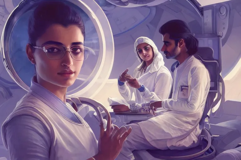 Image similar to Exhausted good looking pale young Indian doctors wearing jeans in a space station above Earth performing surgery, portrait, elegant, intricate, retrofuturistic digital painting, artstation, concept art, smooth, sharp focus, illustration, art by artgerm and greg rutkowski and alphonse mucha