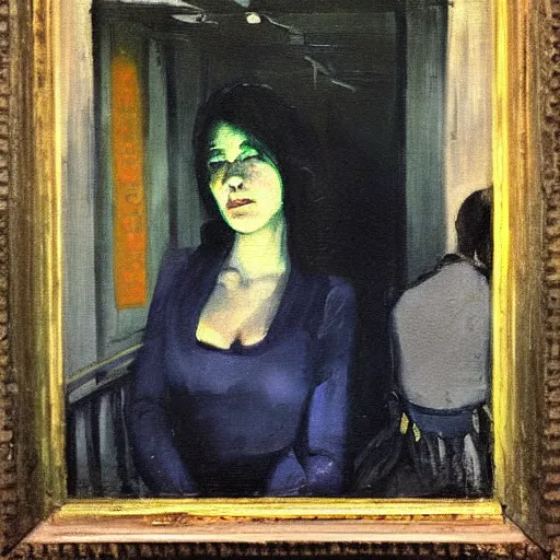 Image similar to “ a girl in the new york city subway, oil painting, by george bellows ”