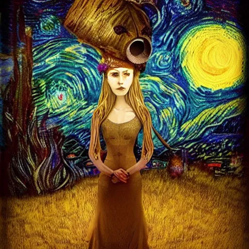 Prompt: decorative by alexander jansson, by keith mallett. a beautiful performance art of a woman with long flowing hair, wild animals, & a dark, starry night sky.