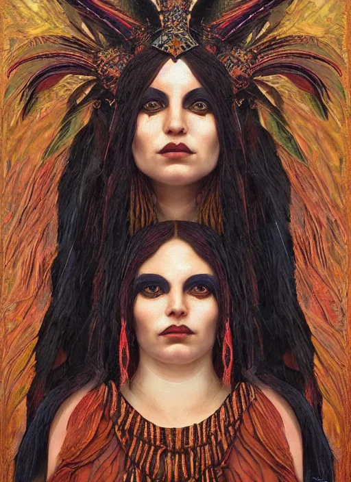 Prompt: Ayahuasca tripping cult magic psychic woman, subjective consciousness psychedelic, epic occult ritual symbolism story iconic, dark witch headdress, oil painting, robe, symmetrical face, greek dark myth, by John William Godward, Jason A Engle, Anna Dittman, masterpiece