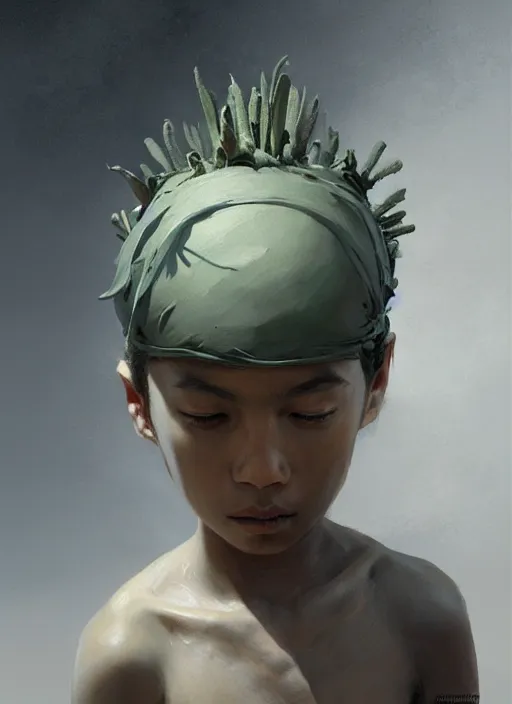 Image similar to a portrait of a sage child with an enormously large head, an ancient pale sage child with macrocephaly, highly detailed, digital painting, artstation, concept art, intricate, elegant, smooth, sharp focus, art by wlop, mars ravelo and greg rutkowski and craig mullins