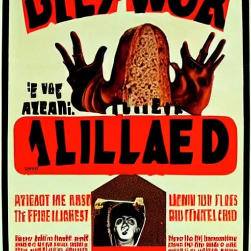 Prompt: poster from a 1 9 6 0 s horror movie featuring a killer loaf or bread, movie poster