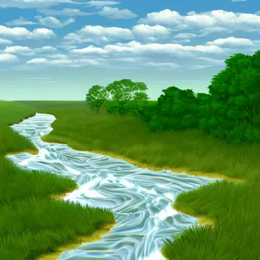 Image similar to digital art painting of a river running through the plains, very mediocre, not detailed at all.