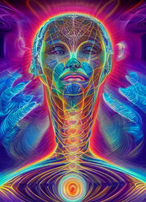 Prompt: humankind transcendence into collaborative intelligence, connectedness, bosy, ai, by alex grey, album cover, award winning, beautiful, colorful, volumetric lighting, trending on artstation