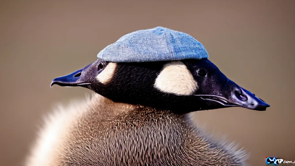 Prompt: Canadian Goose with a funny hat, Portrait Photo, Photorealistic, 100mm lens, Nat Geo Award Winner, 8k, UHD, (((((bokeh)))))