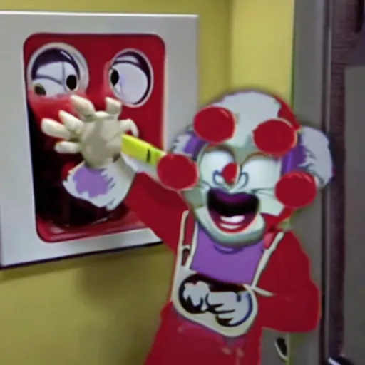 Prompt: horror creepypasta chuck E cheese breaking into room, hyperrealistic blood and eyes