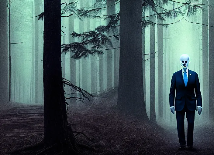 Image similar to joe biden as slenderman in forest, creepy joe biden, tall trees, night, creepy, horror, movie still, dark, haunted, cinematic lighting, ray tracing, octane render, long lens, shallow depth of field, bokeh, anamorphic lens flare, 8 k, hyper detailed, 3 5 mm film grain