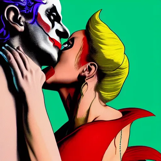 Prompt: richard hamilton and mimmo rottela as lady gaga harley queen and joaquin phoenix joker kissing, pop art, medium long shot, 2 color, random content position, object details, dynamic composition, 4 k, ultra realistic art, smooth, sharp focus, illustration, concept art, intricate details, h 7 6 8