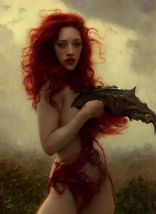 Image similar to short muscular kat dennings whith short, red hair by gaston bussiere, bayard wu, greg rutkowski, giger, maxim verehin, greg rutkowski, masterpiece, sharp focus, cinematic lightning