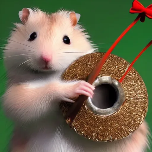 Prompt: A hamster holding a bow, photorealistic, unreal engine