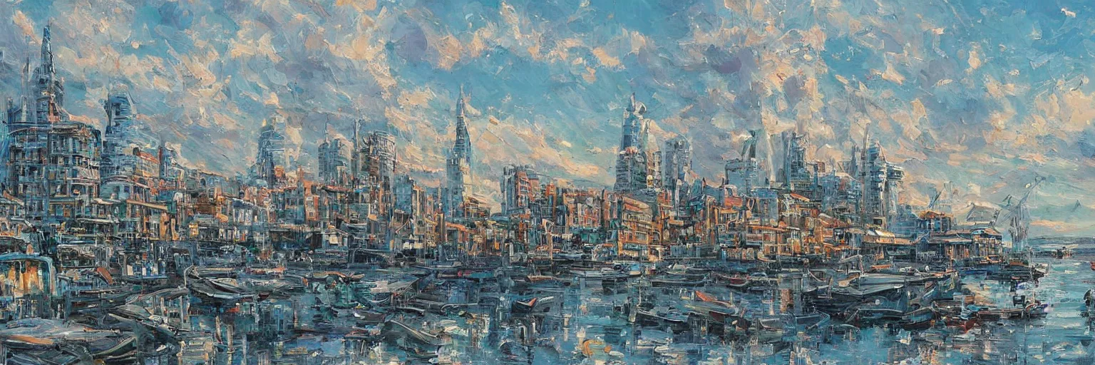 Image similar to seaside cityscape by Aleksander Rostov, intricate, cold color palette, detailed