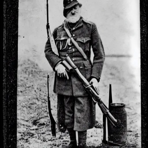 Image similar to old wartime photograph of dumbledore holding a lewis gun, 1 9 1 7