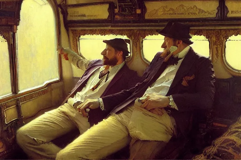 Image similar to 2 attractive men sitting on a coach, painting by gaston bussiere, craig mullins, greg rutkowski, alphonse mucha