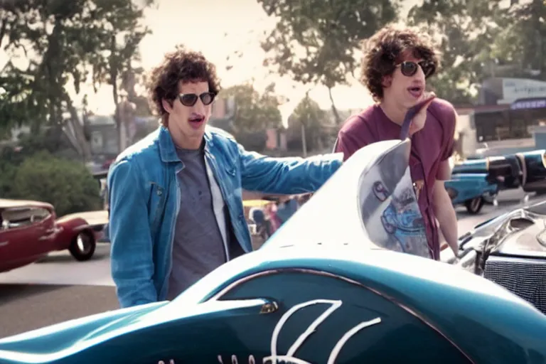 Prompt: a cinematic still from hotrod movie of ((andy samberg))