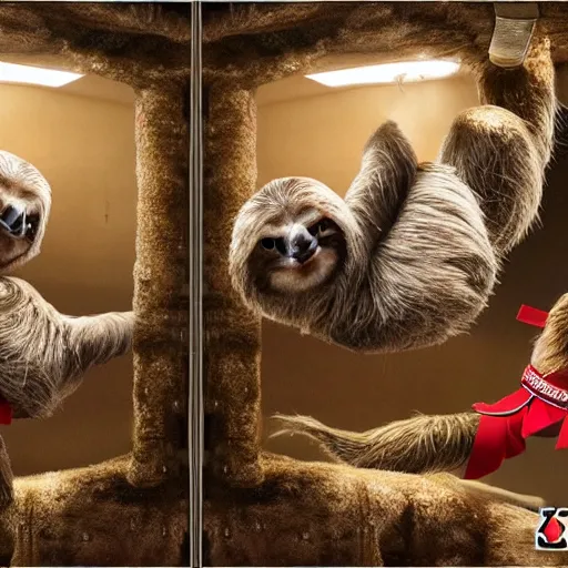 Image similar to a sloth vs reindeer kung fu style in a dojo, facing each other, aggressive sloth vs a muscled reindeer, best photo award, high quality 8 k, cinematic lighting, painting by kusama, high detail, realism : 9 5 %