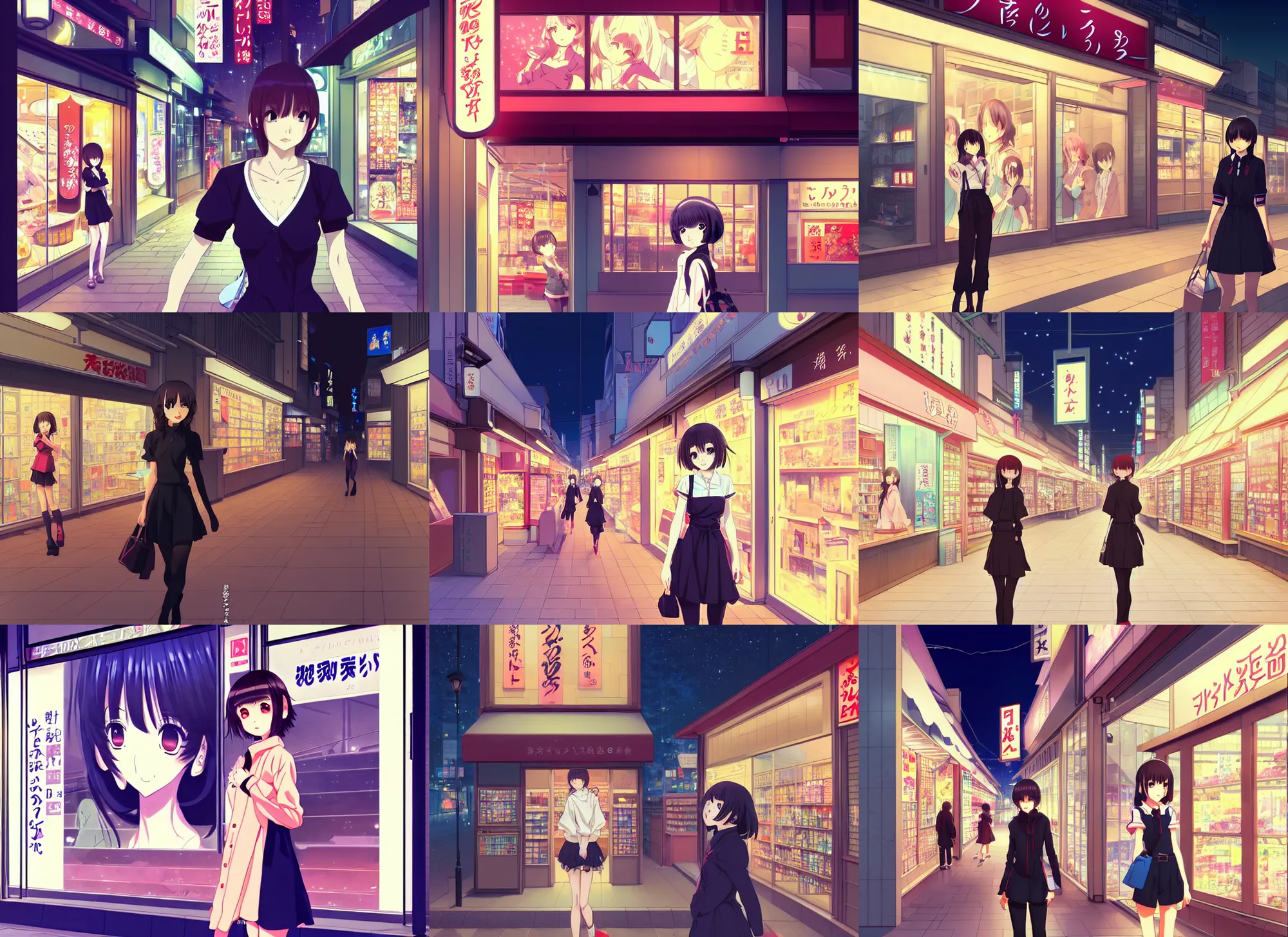 Prompt: anime visual, portrait of a young female sightseeing in shibuya exterior at night shopping, in front of shop, low light, cute face by ilya kuvshinov, yoh yoshinari, makoto shinkai, dynamic pose, dynamic perspective, cel shaded, flat shading mucha, rounded eyes, moody, detailed facial features, speed grapher