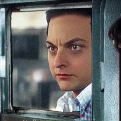 Image similar to photo of tobey maguire stopping a train