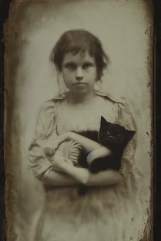 Image similar to faded daguerreotype portrait of disturbing haunted demonic abomination holding cute kitten