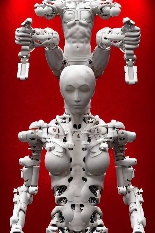 Prompt: forest white cross on background a statue jesus on cross made of red marble hands nailed to a cross perfect symmetrical body full shot inflateble shapes white biomechanical details, wearing epic bionic cyborg implants, masterpiece, intricate, biopunk, vogue, highly detailed, artstation, concept art, cyberpunk, octane render