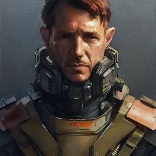 Prompt: Portrait of a man by Greg Rutkowski, he is about 40 years old, short copper hair, attractive, military composure, younger brother vibes, expression of sorrow and disbelief, he is wearing futuristic tactical gear, highly detailed portrait, digital painting, artstation, concept art, smooth, sharp foccus ilustration, Artstation HQ.