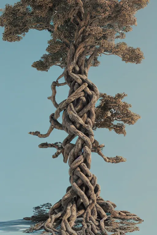 Prompt: a ancient knotted tree connected to space and time, calm, tranquil, faded effect, detailed, vaporwave colors, render by substance designer,