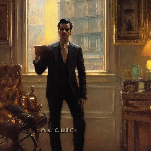 Image similar to detailed cinematic wide shot of sucession atractive man black hair black suit smooth, sharp focus, ultra realistic, in corporate office spring light, painting by gaston bussiere, craig mullins, j. c. leyendecker