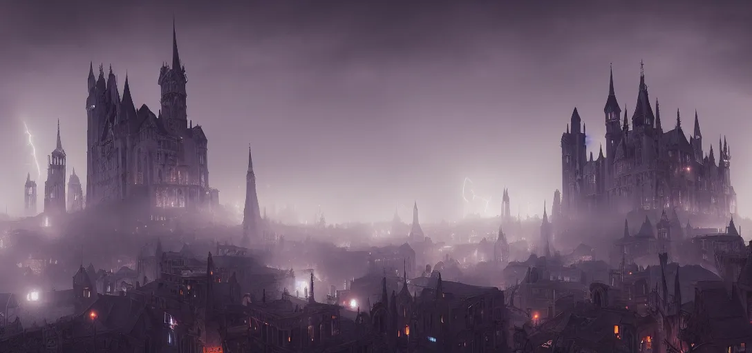 Image similar to view of an abandoned gothic city at night, lightning, glowing fog, castles, cinematic lighting, ultra detailed, sharp, ambient occlusion, raytracing, by greg rutowski, paul chadeisson and jessica rossier