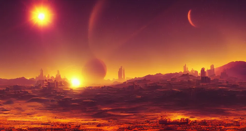 Image similar to Sci-fi landscape of a desert with two suns suns in the sky and futuristic city in the background, orange and purple colors, cinematic, science-fiction art wallpaper, stunning digital art