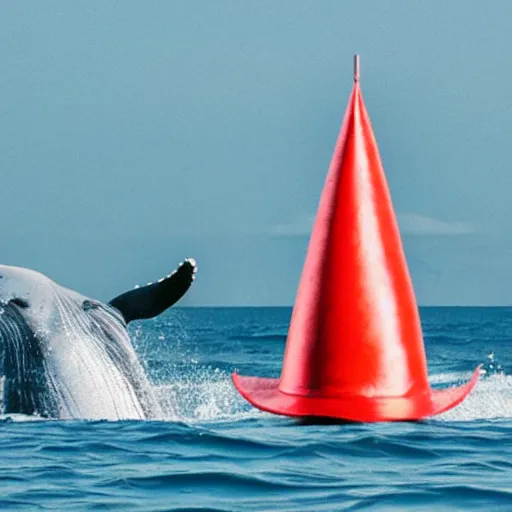 Prompt: photo of a whale in the ocean wearing a party hat