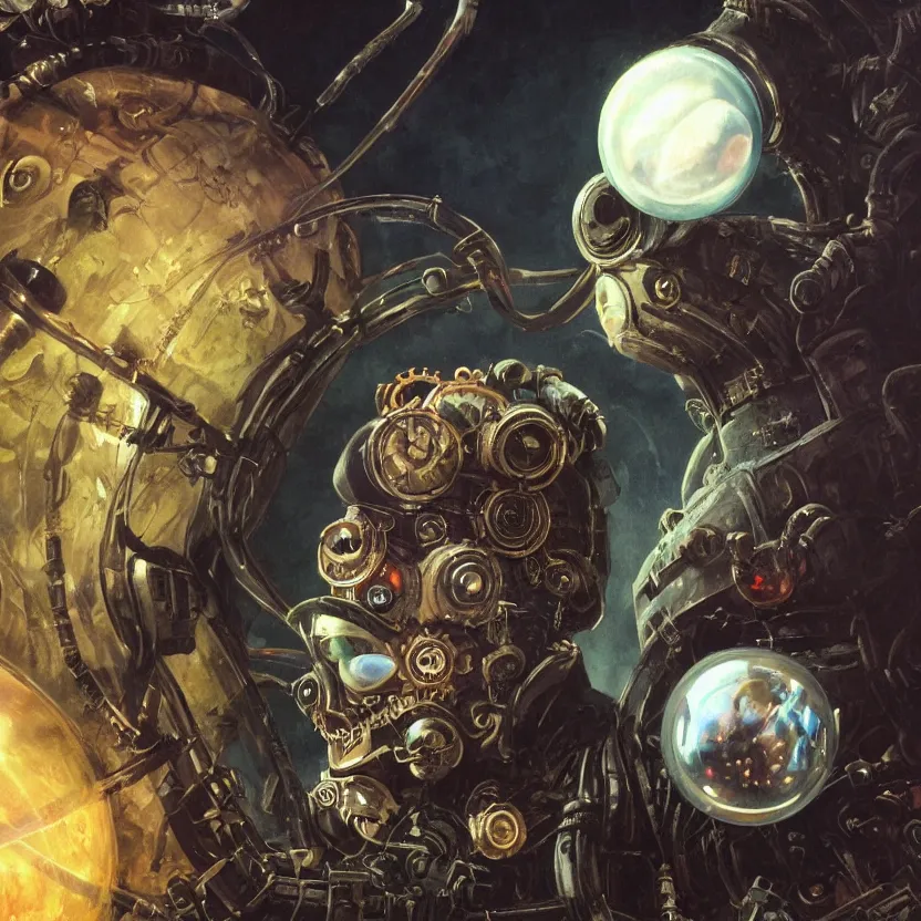 Prompt: neoclassicist close - up sci - fi portrait of a colorful steampunk overlord admiral with big glowing eyes gazing intensely with a brain in a bubble. dark black ominous background, glowing atmosphere. highly detailed science fiction horror painting by norman rockwell, frank frazetta, and syd mead. rich colors, high contrast, gloomy atmosphere. trending on artstation and behance.