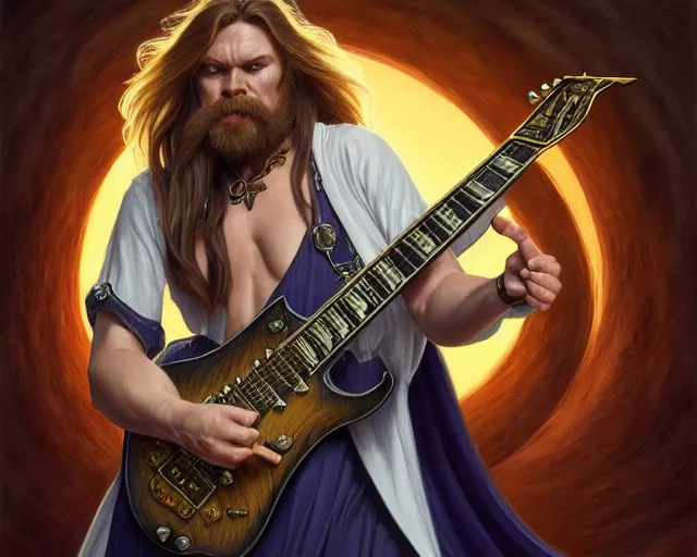 Image similar to smooth mcgroove in arcane tv series, holding a white randy rhoads guitar rr 1, deep focus, d & d, fantasy, intricate, elegant, highly detailed, digital painting, artstation, concept art, matte, sharp focus, illustration, hearthstone, art by artgerm and greg rutkowski and alphonse mucha