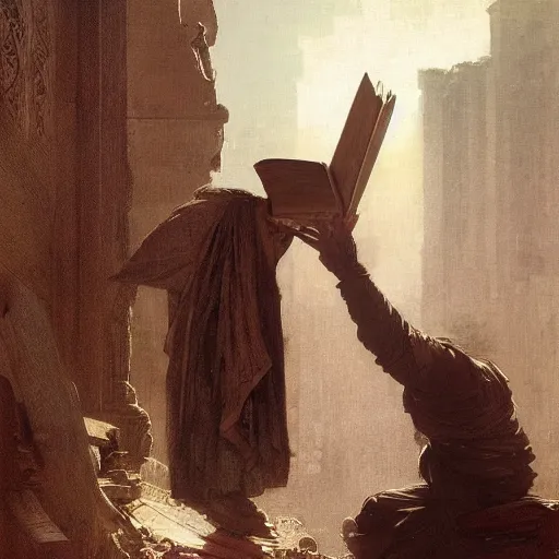 Image similar to half portait of magican wearing a closed cowl and big old book! chained to the wrist, jeremy mann, jean - leon gerome, tiepolo, alphonse mucha, greg rutkowski, face in the shadows, ( ( ruins of ancient rome ) ), at dusk, mysterious atmosphere, sunrays, dof, high detailed, 8 k