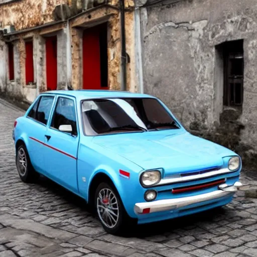 Image similar to Yugo car in white blue and red colors with text that says slovenia