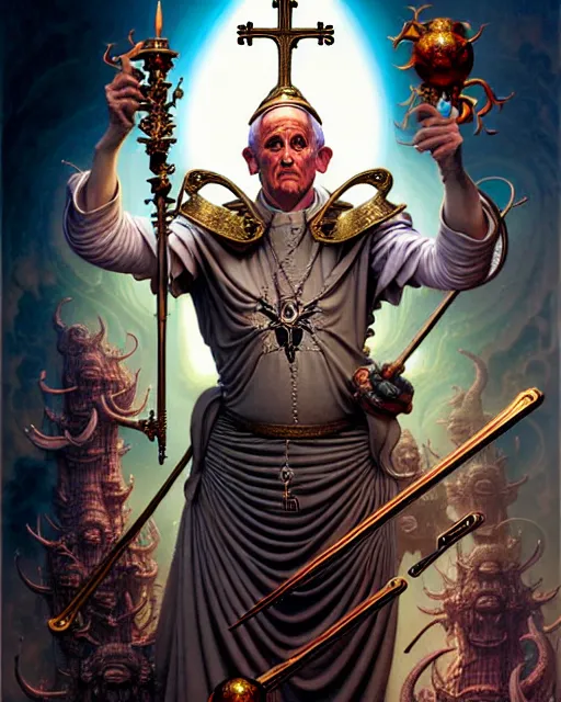 Image similar to the pope tarot card, fantasy character portrait made of fractals, ultra realistic, wide angle, intricate details, the fifth element artifacts, highly detailed by peter mohrbacher, hajime sorayama, wayne barlowe, boris vallejo, aaron horkey, gaston bussiere, craig mullins