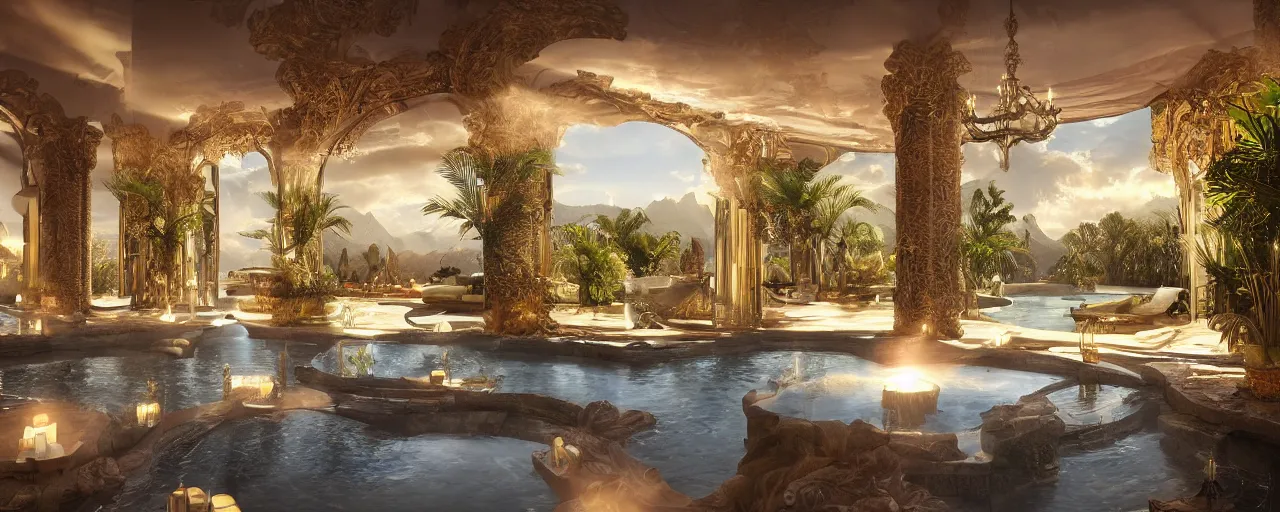 Image similar to surreal hyper luxury spa with intricate golden details with view to arid mountains and palm forest, god rays, light ray beam, candles, ultra detailed, photorealism, sharp focus, volumetric light, global illumination