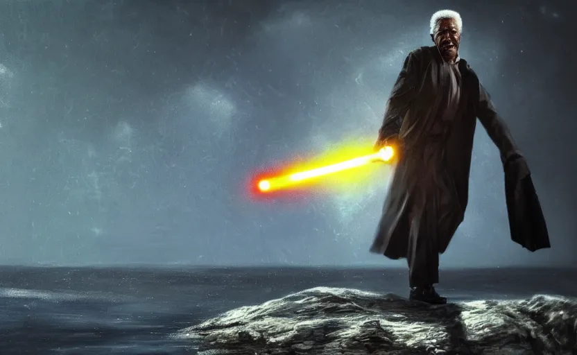 Image similar to morgan freeman holding a lightsaber, water landscape, dramatic lighting, cinematic, establishing shot, long full body shot, extremly high detail, photorealistic, cinematic lighting, post processed, concept art, artstation, matte painting, style by greg rutkowsky