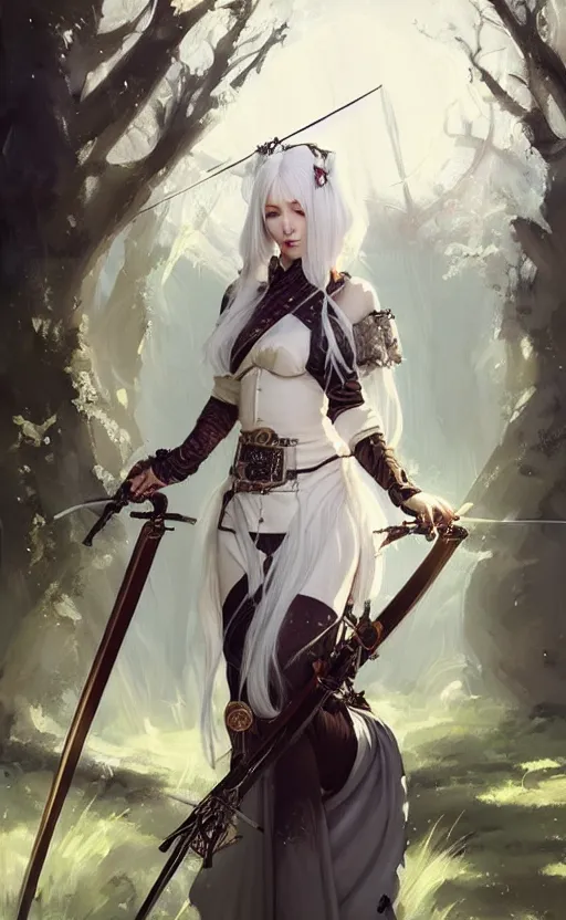 Image similar to stunningly beautiful female white hair hime cut, steampunk hakama with sword and crossbow, fantasy art, fae priestess, lush forest landscape, dark light night, sharp focus, digital painting, 4 k, concept art, art by wlop, artgerm, greg rutkowski and krenz cushart