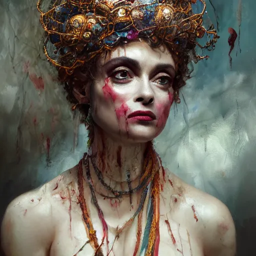 Image similar to expressive oil painting, of helena bonham carter mixed with sophia lauren, bumpy mottled skin full of blood and scars, ornate headpiece made from crystals, cables and wires, body horror, by yoshitaka amano, by greg rutkowski, by jeremyg lipkinng, by artgerm, digital art, octane render