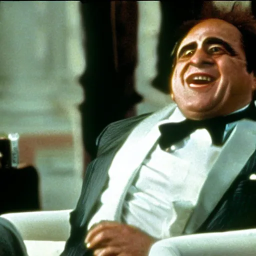 Prompt: film still of Danny DeVito as Tony Montana in Scarface