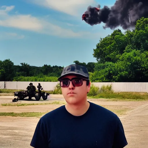 Image similar to mrbeast standing in front of an active military battlefield, posing, charismatic, gunfire, explosions in background