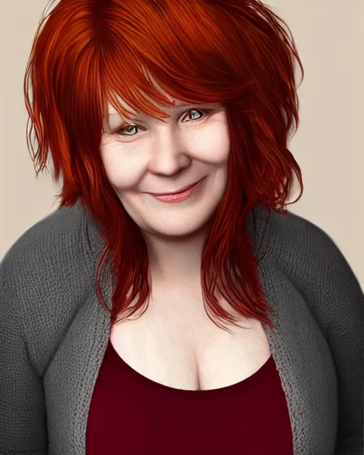 Image similar to portrait smiling of short and plump 5 0 - year - old woman with red hair and, kind face, round face, short hair, molly weasley, wearing in cardigan, hyper realistic face, beautiful eyes, character art, art by mark brooks, hyperdetailed, cryengine, trending on artstation, digital art