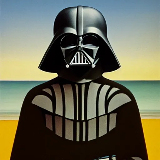 Prompt: portrait of darth vader at the beach, painting by rene magritte, high detail, high resolution