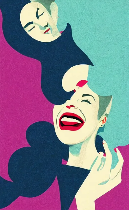 Image similar to illustration portrait of a woman with white pixie cut laughing out loud, art deco painting by tom whalen, funny meme photo, trending on behance, digital illustration, storybook illustration, grainy texture, flat shading, vector art, airbrush, pastel, watercolor, poster