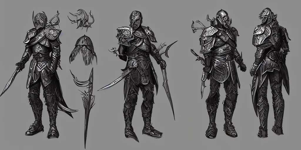 Prompt: concept art character sheet, warrior in armour, trending on artstation, intricate high - details